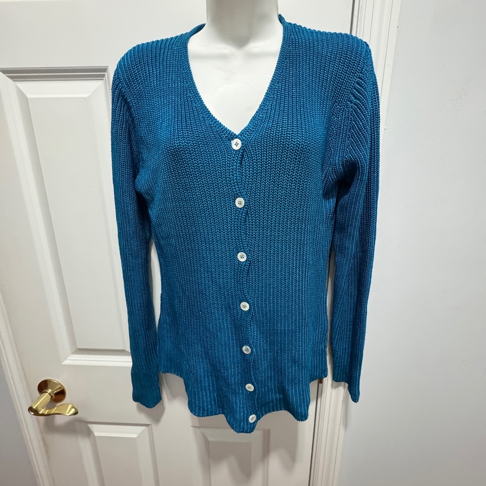 Lauren Ralph Lauren Blue Cardigan Sweater with V-Neck and Long Sleeves buttonup